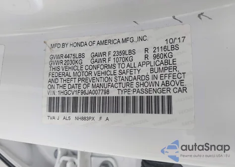 2018 Honda Accord Touring из США, поврежденный, VIN 1HGCV1F96JA007798